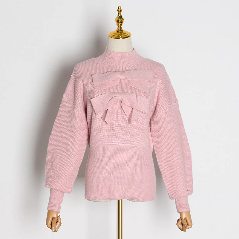 pink TWOTWINSTYLE с бантом трикотажные белые женские водолазки пуловеры с рукавами в форме фонаря женские свитера Осень Зима Мода Новинка - Цвет: pink