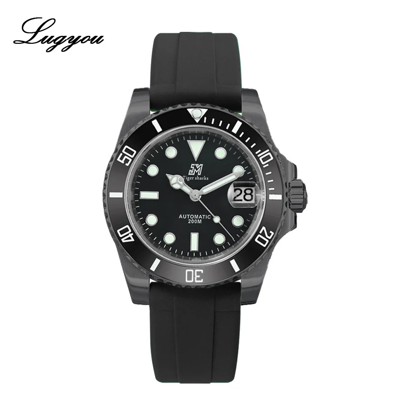 B Black Rubber Lugyou Сан Мартин роскошные черные DLC Diver Мужские часы Автоматические из нержавеющей стали Пескоструйный сапфир 20 атм водонепроницаемый резиновый ремешок - Цвет: B Black Rubber