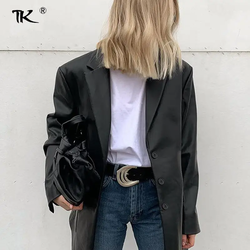 

Women's Pu Leather Jackets Single Breasted Lace Up Blazer 2021 Autumn New Fashion Female Black Jacket Notched Slim Casual Coat