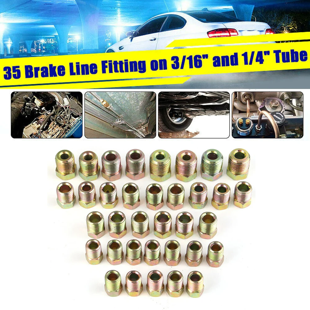 

35pcs Brake Line Fitting Nuts Kit Iron Plating Zinc For Inverteds Flares On 3/16 And 1/4 Tube Tubing High Quality