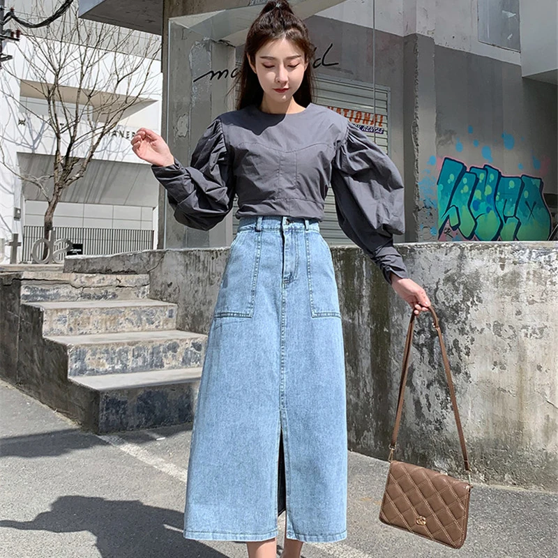 

Elegant Cotton Washed Female A-line Skirt Women High Waist Elegant Split Button Long Denim Skirts with Pockets Spring Autumn Ins