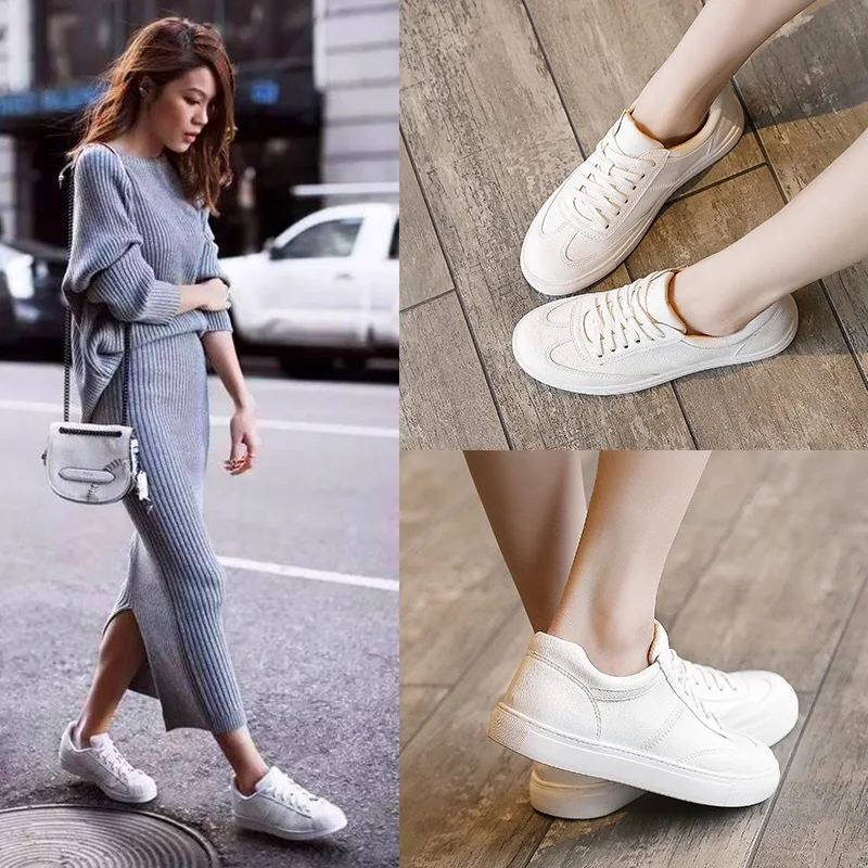 

Fashion White Split Leather Women Chunky Sneakers White Shoes Lace Up Tenis Feminino Zapatos De Mujer Platform Women Casual Shoe