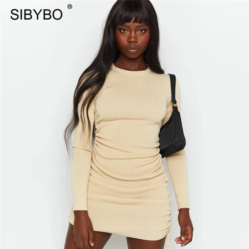 Женское облегающее платье SIBYBO черное трикотажное с длинным рукавом и завязками