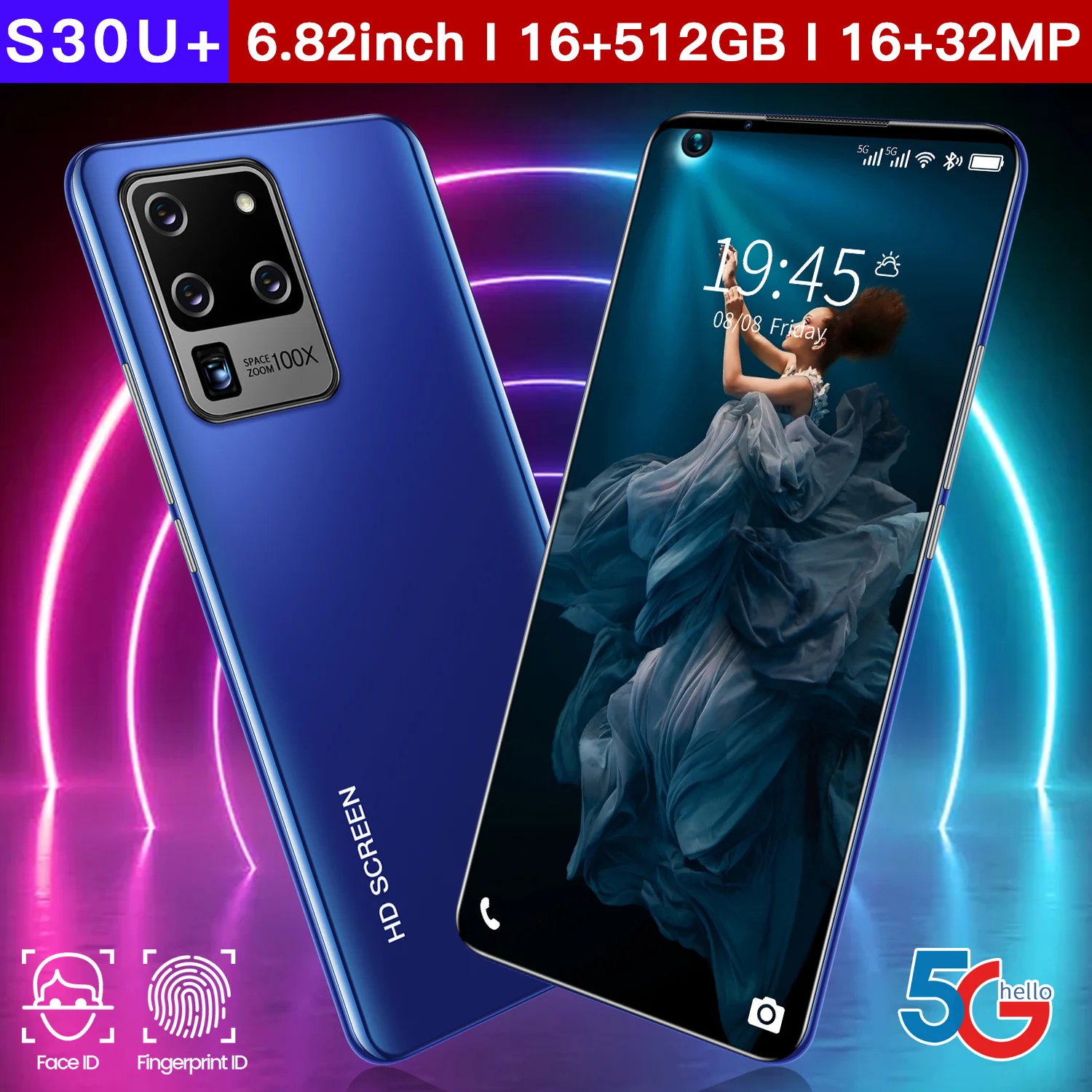 

New Global Version S30U+ 6.82inch Smartphone 5600mAh 16+512GB Android 10.0 Mobileohone Face Unlock Dual SIM 5G Networkphone