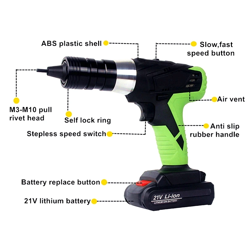 Портативный беспроводной электрический пистолет с заклепками 21 в