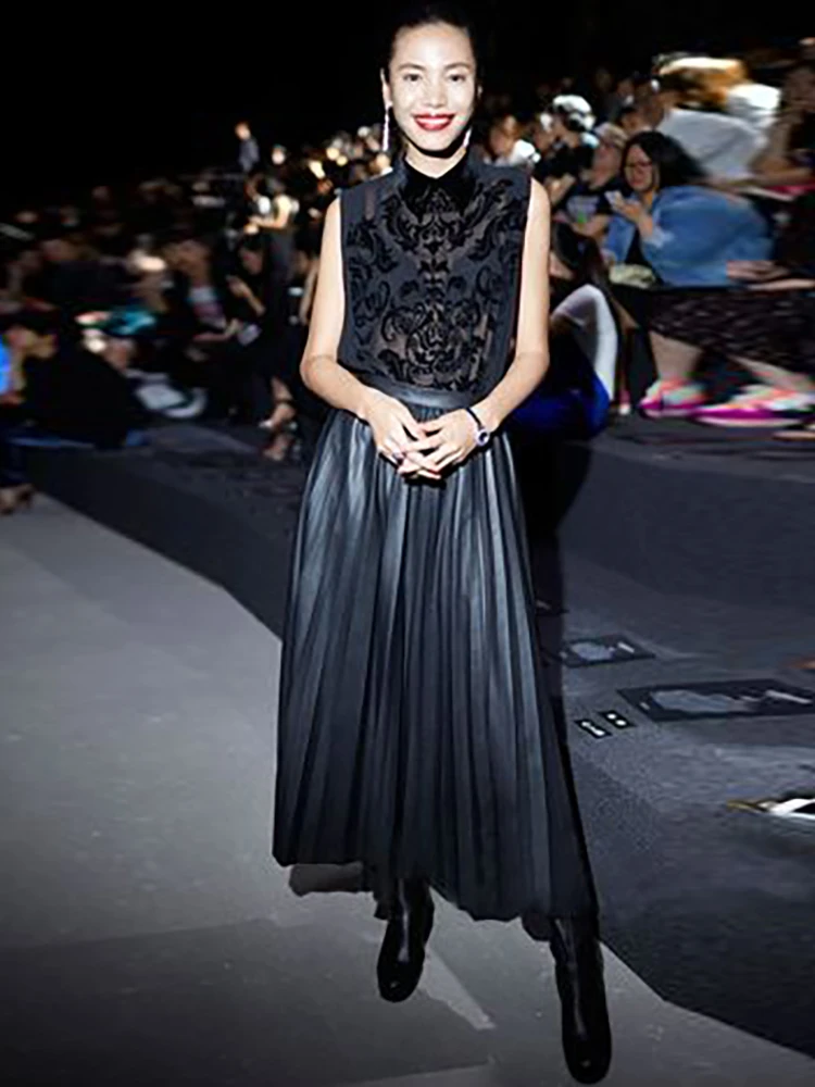 

Delcoah 2022 Summer Women Fashion Runway Skirts Set Sleeveless Velvet Tops + High Waist Pleated Midi Skirts 2 Two Pieces Suits