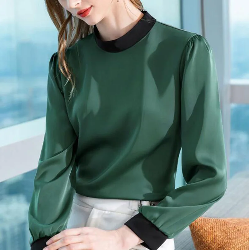 

Cultiseed Women New Color Patchwork Sation Chiffon T-Shirts Tops Clothing Female Elegant Office Work Long Sleeve Basic Tees