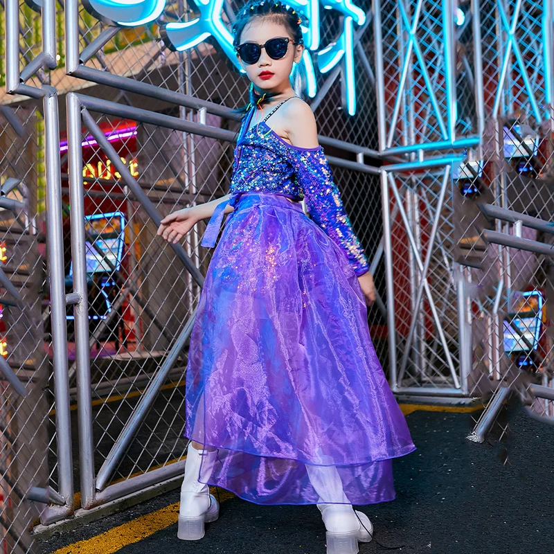 

2020 Shiny Sequined Stage Costumes For Children Hip Hop Performance Clothes Girls Jazz Dance Set Purple Strap Fashion Outfit