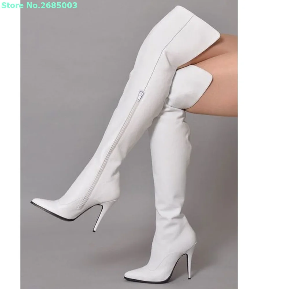

White Solid Thigh High Boots Pointed Toe Stiletto Heels Leather Zipper Women Concise Autume Winter Party Dress Boots Shoes