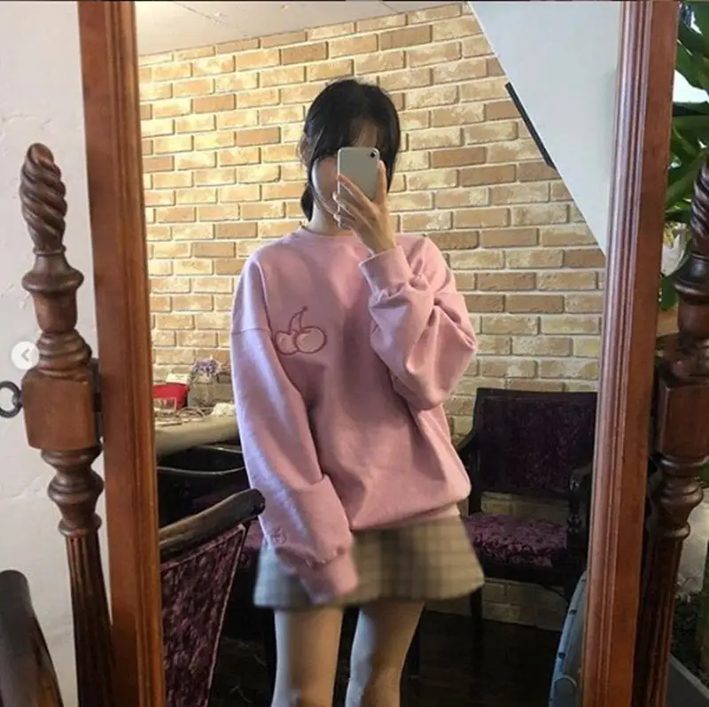 Толстовка с вышивкой вишни женская одежда теплые однотонные розовые топы