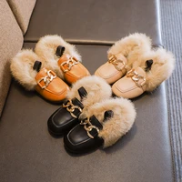 autumn winter girls shoes warm cotton plush fluffy childrens fur shoes kids loafers with metal chain flats square toe plush pea