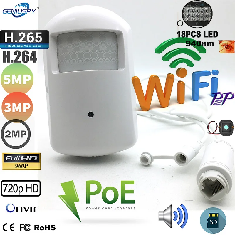 

Wifi POE 5MP 960P 1080P IMX335 Pir Housing Indoor Onvif Mini IP Camera TF Card Security Invisible 940nm IR Built-in MIC Camhi