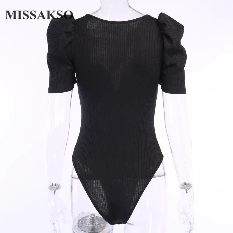 

Missakso Sexy Ribbed Bodysuits Streetwear Puff Sleeve Fashion Black White Bodycon Basic Women Summer Skinny Bodysuit