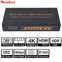 5 port smart cec hdmi timing switch 4k 60hz 18 gbps 5x1 hdr hdmi adapter switcher with ir romote for dolby dts hd lpcm hdtv ps4