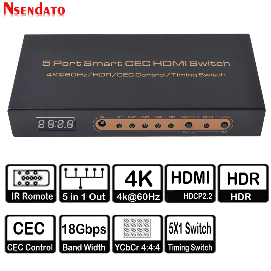 Коммутатор синхронизации Smart CEC HDMI с 5 портами 4K 60 Гц 18 Гбит/с 5x1 HDR адаптер ИК-Romote