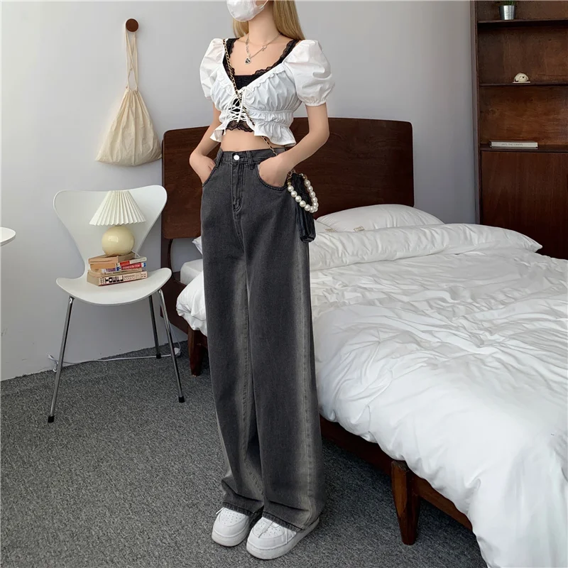 Женские прямые джинсы с градиентом серые свободные брюки-трубы высокой талией и