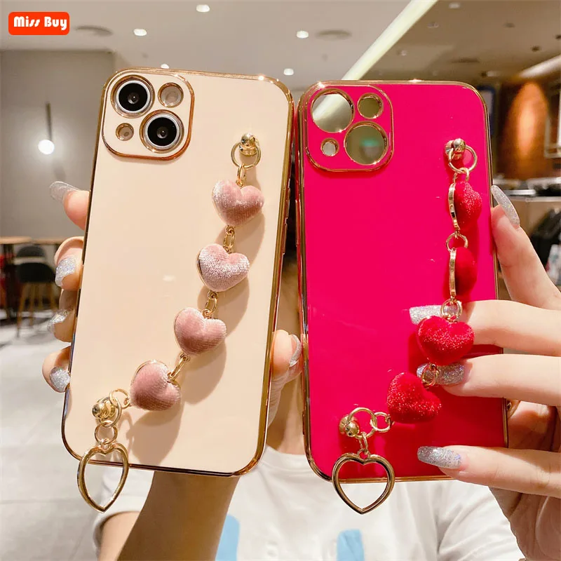 

Luxury Solid Plating Plush Love Heart Wristband Phone Cases For iPhone 13 11 12 Pro Max 13 Mini X XR XS MAX 7 8 6 6s Plus Cover