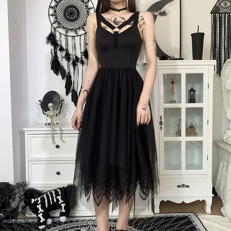 

Gothic Aesthetic Mesh Black Corset Dress High Waist Midi Dresses Summer 2021 Dark Academia Punk Goth Sexy Hollow Out Backless