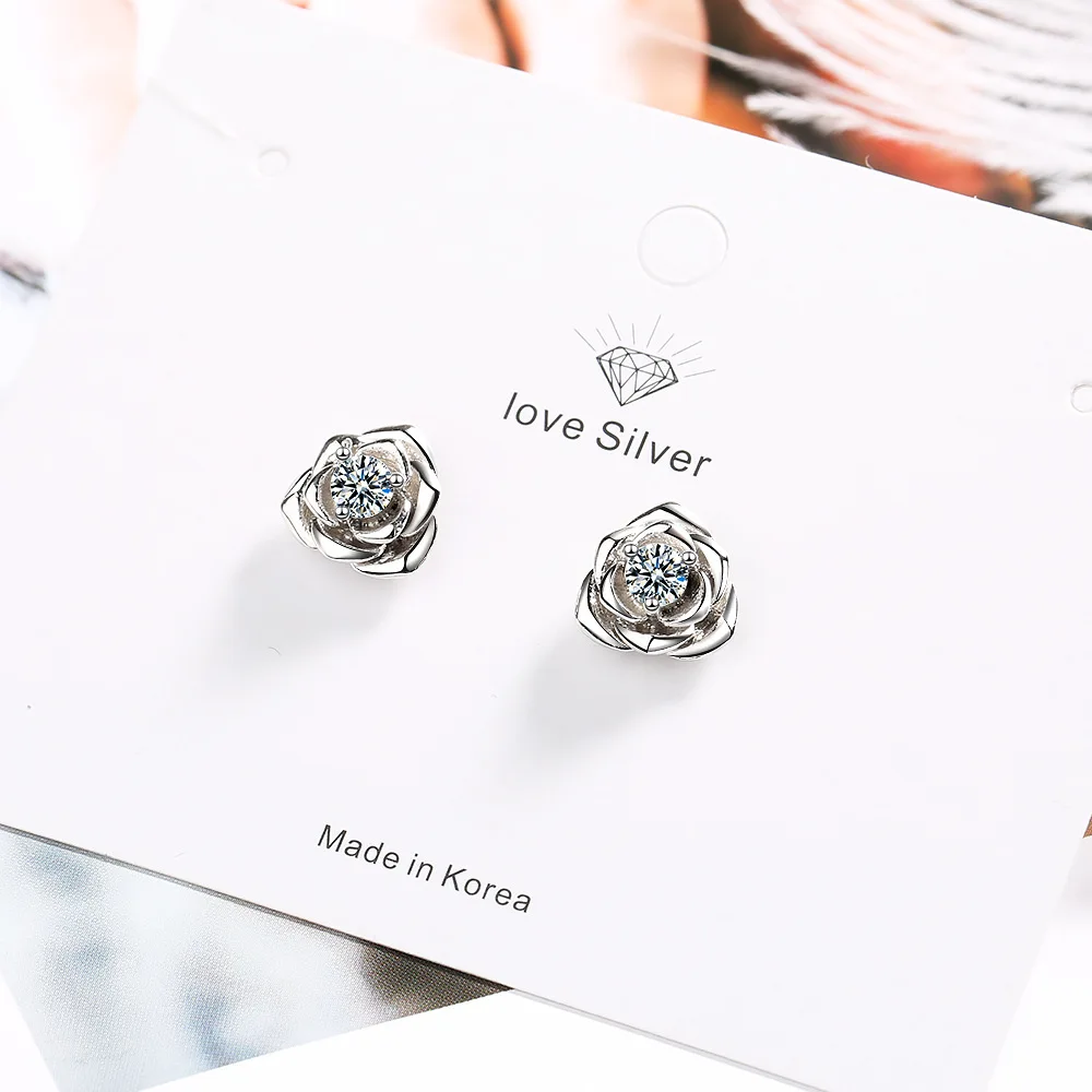 

925 Sterling Silver Crystal Flower Stud Earrings For Women Grils Wedding Female Accesorios pendientes mujer moda eh1441