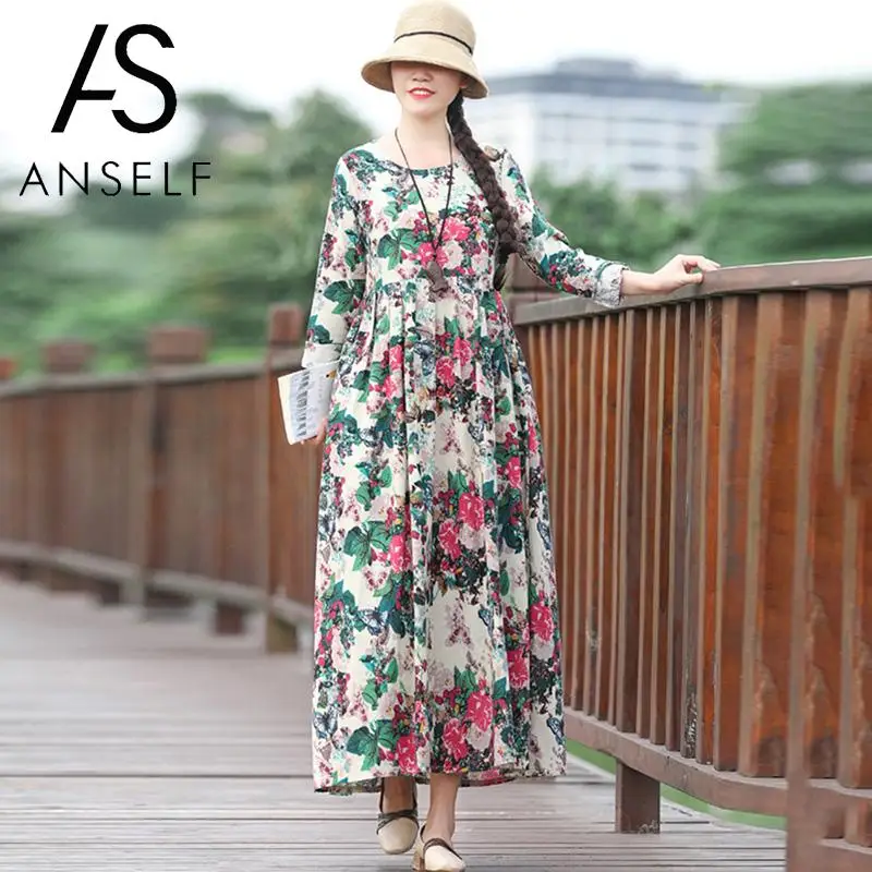 Женское винтажное этническое платье ANSELF плиссированное средней длины с длинным