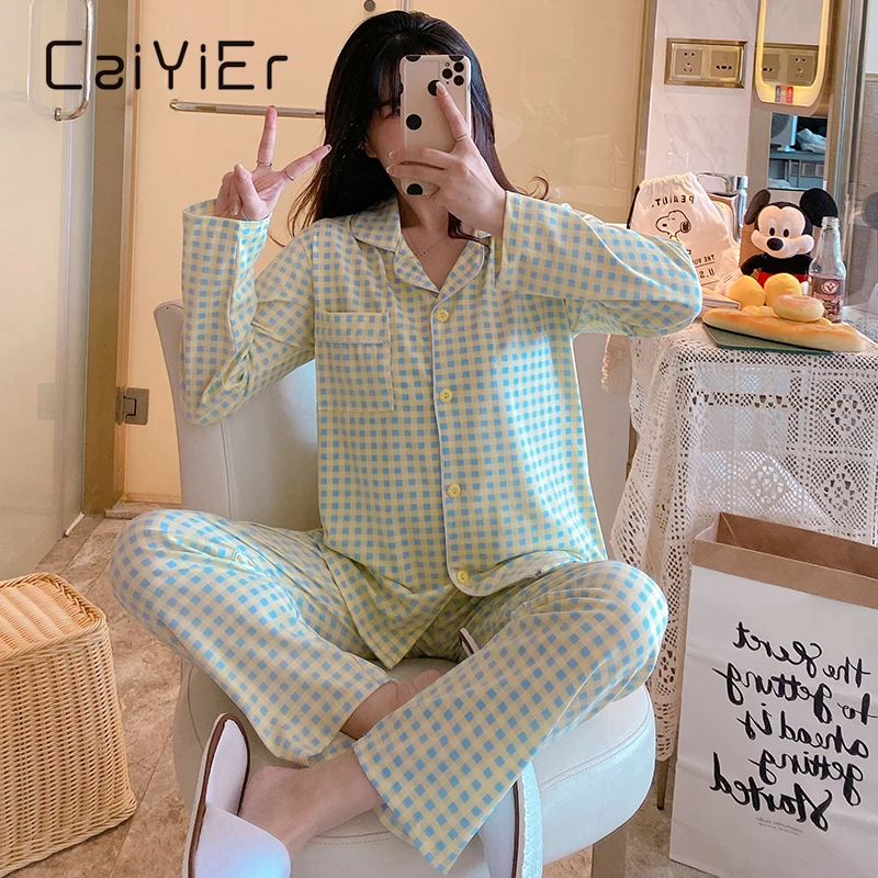 CAIYIER Winter Women Fashion Sleepwear Purple Grid Lapel Cardigan Girl Long Sleeve Leisure Pajamas Loose Nightwear Homewear Suit