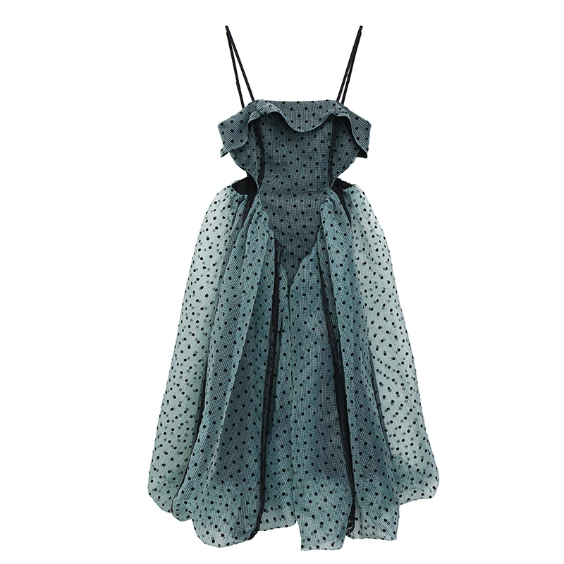 

SeeBeautiful New Fashion Spring 2021 Simple Sleeveless Dot Printing Mesh Hollow Waist Loose A-line Sling Dress Women W771