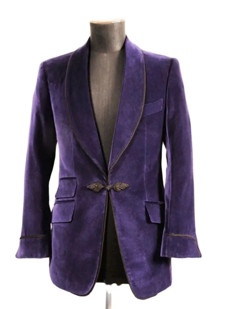 

Мужской повседневный костюм из 2 предметов, фиолетовый бархатный мужской блейзер и брюки, мужской костюм, свадебные смокинги для жениха, муж...