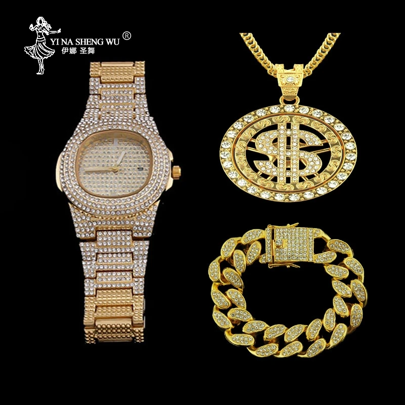 Роскошные мужские часы золотого и серебряного цвета в стиле хип хоп браслет