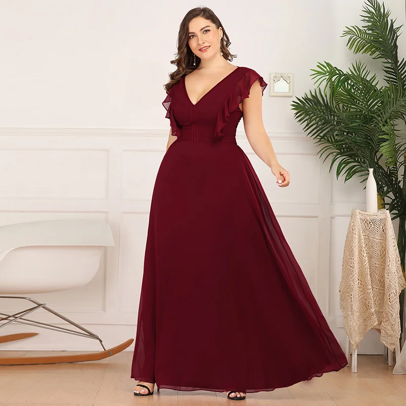 Evening Dress A-line 2020 New Burgundy V-neck with Short Sleeves Open Back Simple Party Gowns Queen Abby |