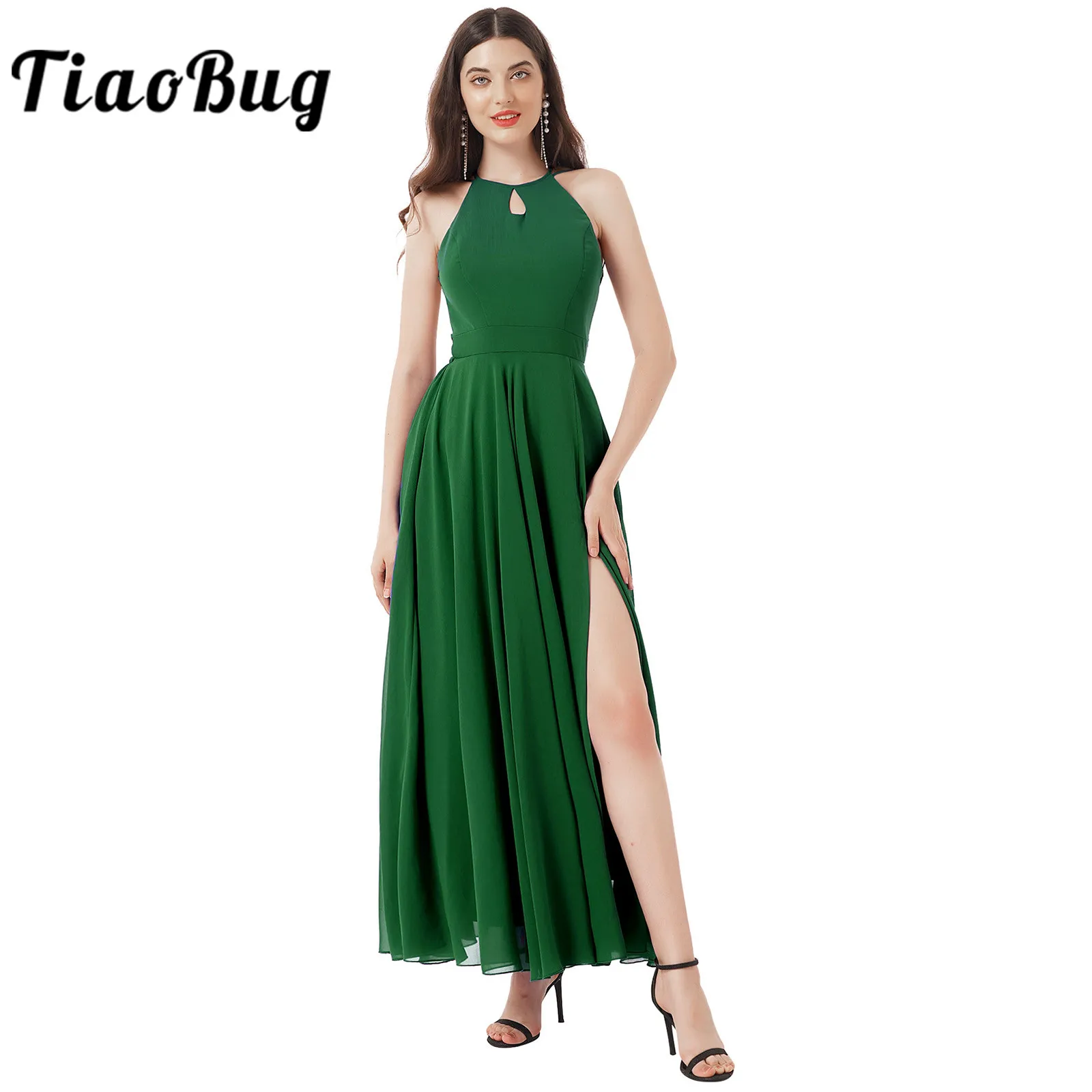

Womens Elegant Maxi Dress Evening Dresses Solid Chiffon Halter Neck Side Slit Long Dress for Wedding Cocktail Prom Gown Robe