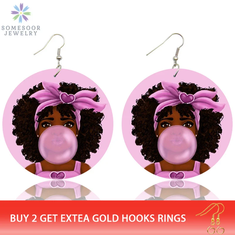 SOMESOOR Lovely Pink Afro Girl Bubble Gum orecchini pendenti in legno capelli neri naturali africani