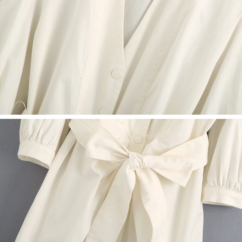 

White Women beach style Midi dress 2020 New arrival Deep V-neck Sexy female dresses with belt Elegant Vestidos Chic YNZZU YD474