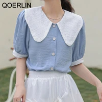 qoerlin single breasted buttons up blouse women summer big lapel puff sleeve elegant korean style tops shirt workwwear