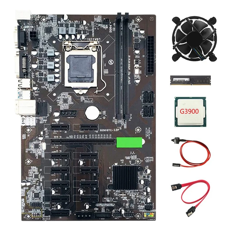 

B250 BTC Mining Machine Motherboard LGA1151 with SATA Cable+ Switch Cable+G3900 CPU +Cooling Fan+DDR4 4GB 2133MHZ RAM