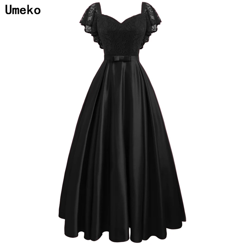 Платье Maxi для вечеринок 2020 года новой моды для женщин с кружевными вставками на коротких рукавах, высокой талией, А-образного кроя с длинным бантом и плюс размером.