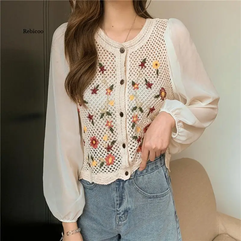 Женский короткий кардиган с вышивкой пикантные топы из органзы шифоновые