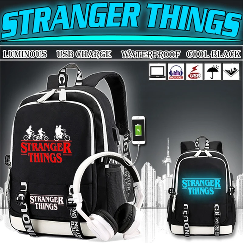 

Luminous Backpack Multifunction USB Charging Stranger Things Travel Canvas Student Backpack for Teenagers Boys Girls School Bags