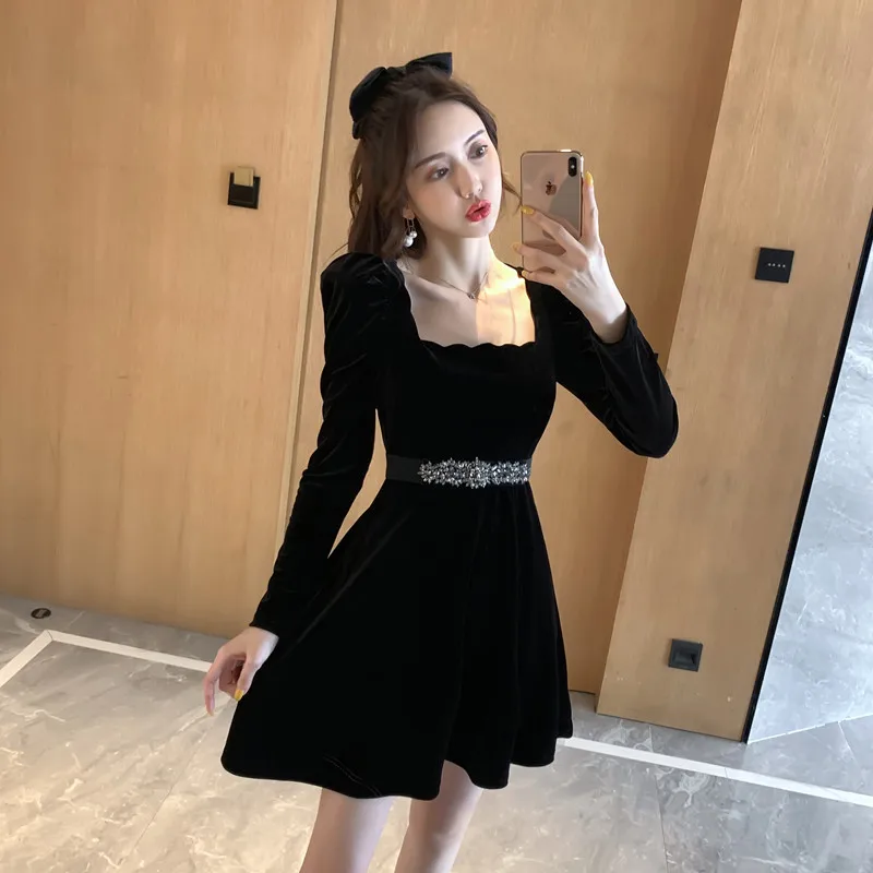 

Женское слитное платье в Корейском стиле, зимнее офисное платье с длинным рукавом, однотонное платье в стиле пэчворк с поясом и квадратным в...