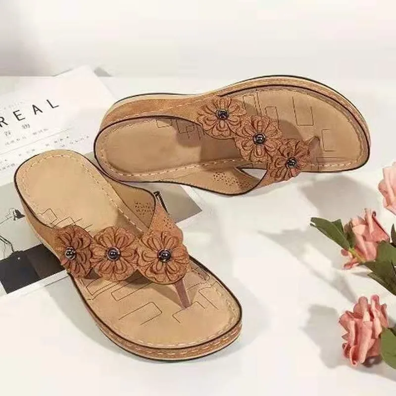 

Summer Women Flower Slippers Wedges Heel Platform Solid Flip Flops Casual Beach Outdoor Female Ladies Shoes Zapatos De Mujer