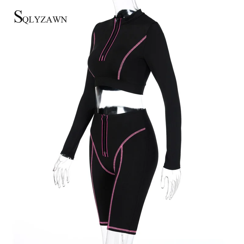 

Women 2 Pieces Set Fitness Tracksuit Long Sleeve Zipper Crop Top + Leggings Shorts Fashion Stripe Patchwork Sportswear Outfits