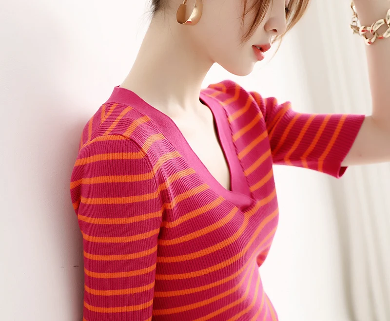 

2021 new European and American summer T-shirt women's sweater striped V-neck five-point short-sleeved women's T-shirt