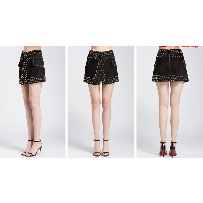 

Female Heavy Rivets Velvet Skirts High Waist Back Zipper Front Split Party Sexy Mini Skirts For Women Punk Style Saias