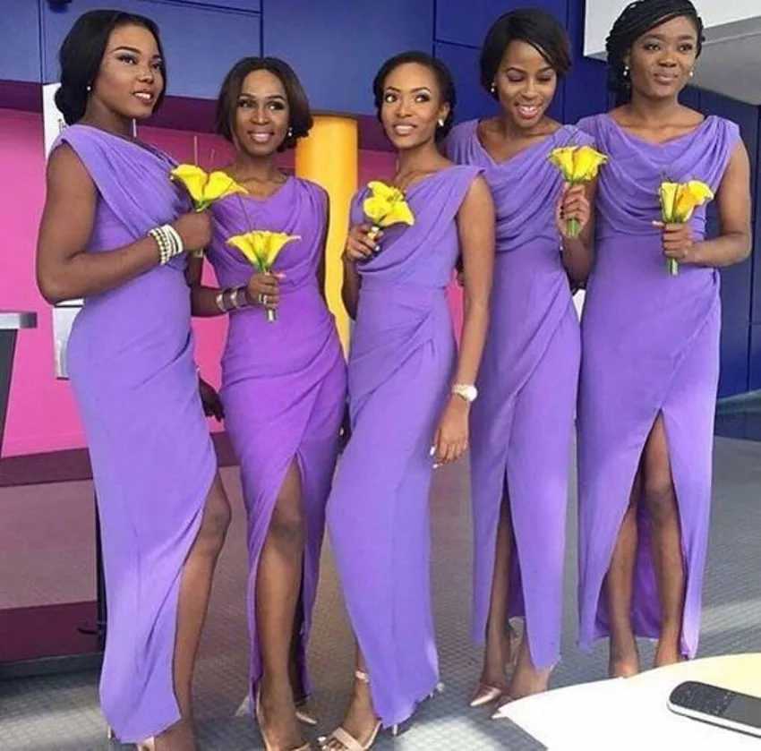 

Cheap Purple African High Side Split Sheath Bridesmaid Dresses Ruched Draped Wedding Guest Party Prom Formal Dresses vestidos