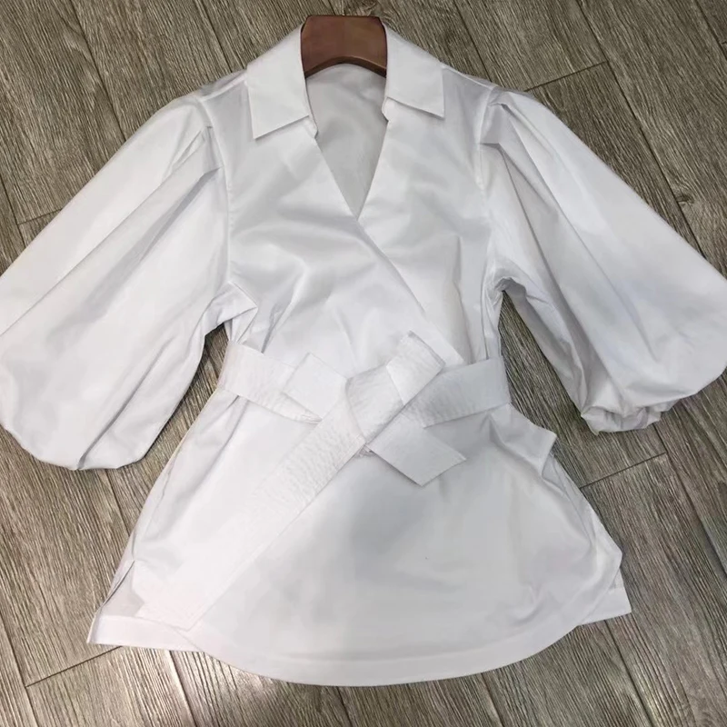 

VGH Solid Elegant Blouse Female V Neck Short Puff Sleeve Lace Up Bowknot Casual Shirt For Women Fashion New Clothing 2021 Style