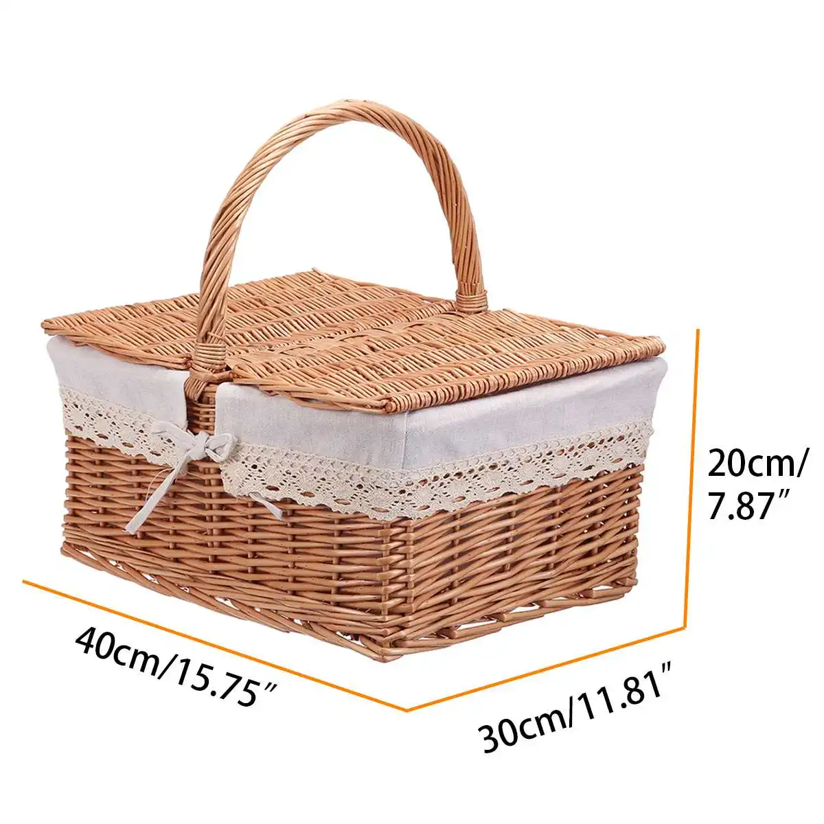 

Square Wicker Willow Picnic Basket Hamper Shopping Basket Bag with Lid and Floral Liner for Outdoor Camping Picnic 40*30*20cm
