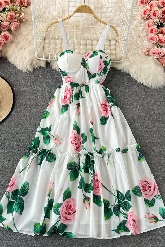 

Women's Age Reduction French Romantic Rose Print Dress Girls Patchwork V-neck Strap Bra Camisole Dress With Drawstring