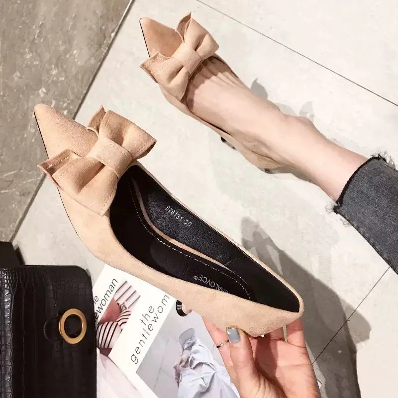 

women fashion black bow tie high quality slip on party stiletto ladies casual beige high heel shoes for office AE-62