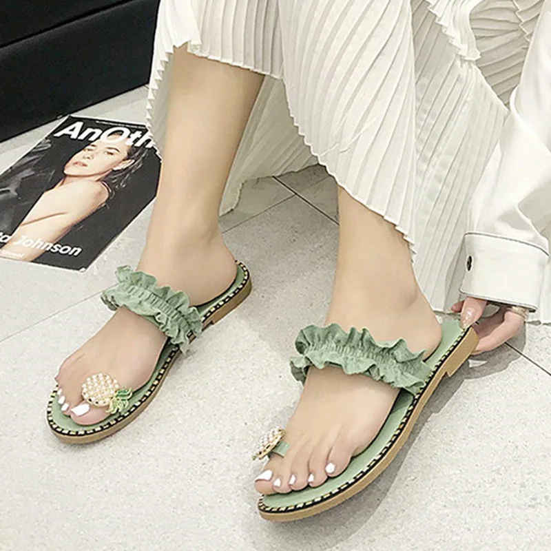 Женские тапочки с ананасовым жемчугом повседневные богемные пляжные сандалии на