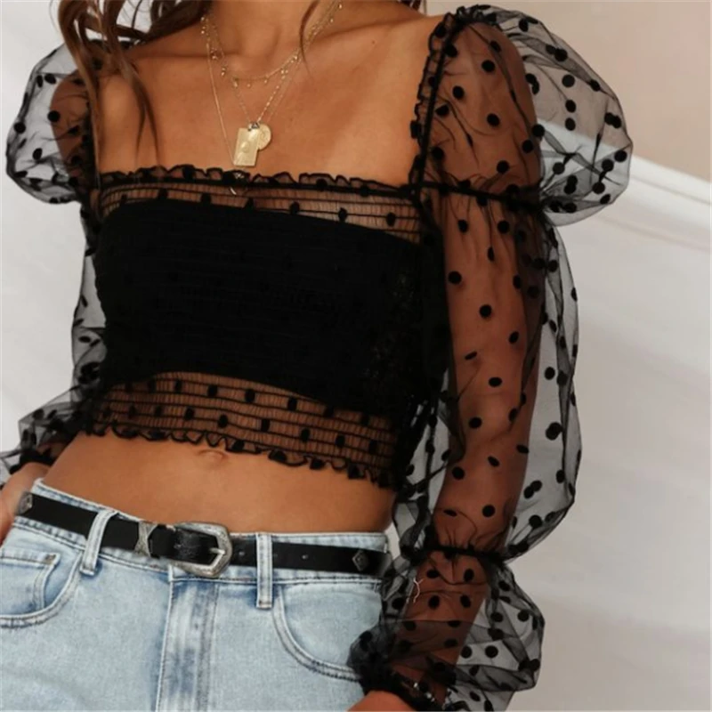 

2019 Fashion Sexy Women Print T-shirt See Through Transparent Mesh Square Collar Long Sleeve Sheer Shirt Ladies Tops Tee