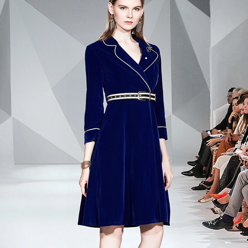 

2021 Autumn Winter Women Vintage Long-Sleeved Velvet Dress Ladies Elegant Slim A-Line Party Dress Female With Belt
